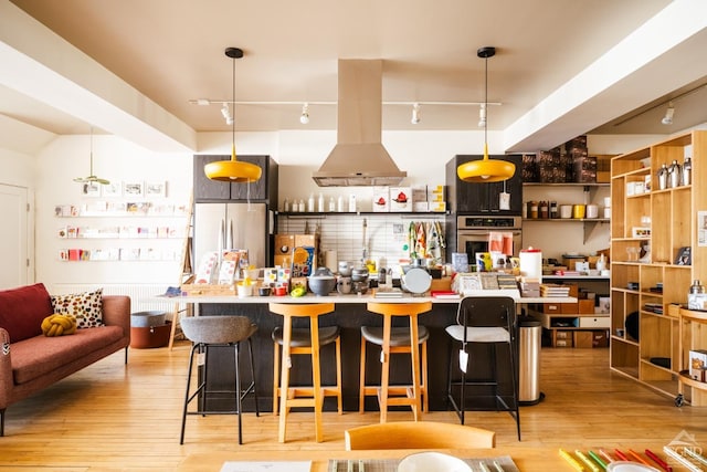 705 Warren St, Hudson, NY 12534 - bar featuring track lighting, stainless steel appliances, light wood-style flooring, island range hood, and hanging light fixtures