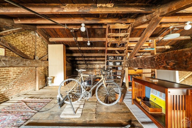 705 Warren St, Hudson, NY 12534 - wine room featuring brick wall, beam ceiling, and wooden ceiling