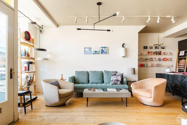 705 Warren St, Hudson, NY 12534 - living area featuring rail lighting and hardwood / wood-style floors