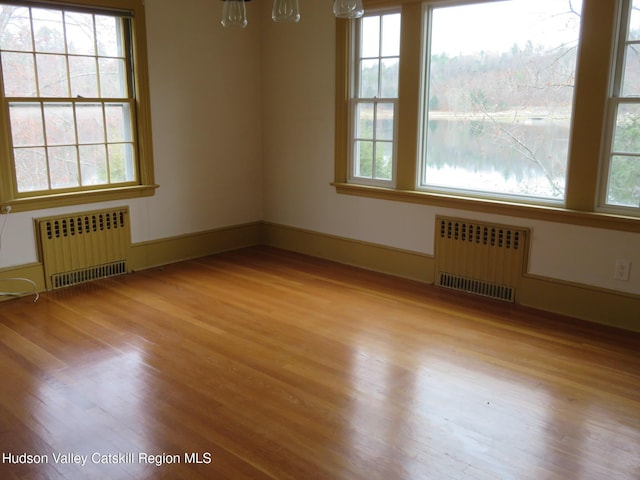 unfurnished room featuring plenty of natural light, light hardwood / wood-style floors, and radiator