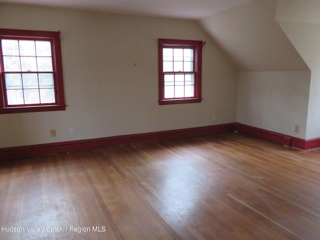 additional living space with light hardwood / wood-style floors, a wealth of natural light, and lofted ceiling