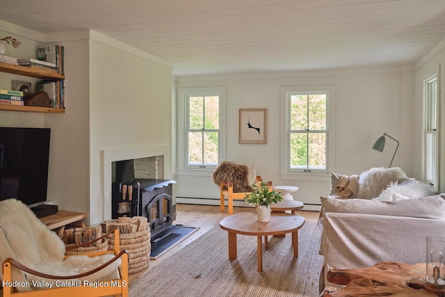 1556 Gulf Rd, Callicoon Center, NY 12724 - living area featuring a wood stove, wood finished floors, a baseboard radiator, wood ceiling, and crown molding