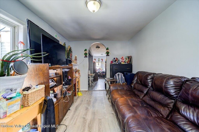 living area with arched walkways, a healthy amount of sunlight, and light wood finished floors
