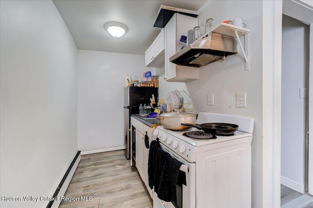 kitchen with white electric range oven, baseboard heating, light wood-style floors, white cabinetry, and under cabinet range hood