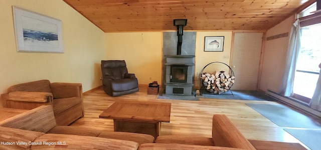 69 June Lodge Dr, Hunter, NY 12442 - living area with a wood stove, wood ceiling, wood finished floors, and lofted ceiling