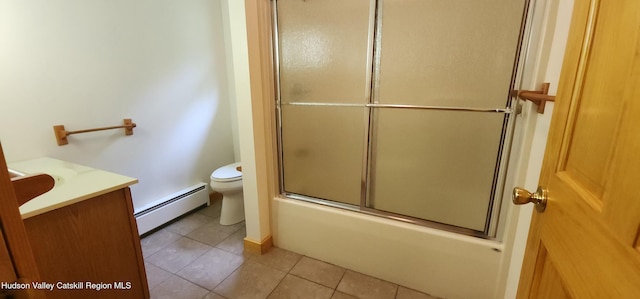 69 June Lodge Dr, Hunter, NY 12442 - full bath featuring baseboard heating, vanity, tile patterned flooring, and shower / bath combination with glass door
