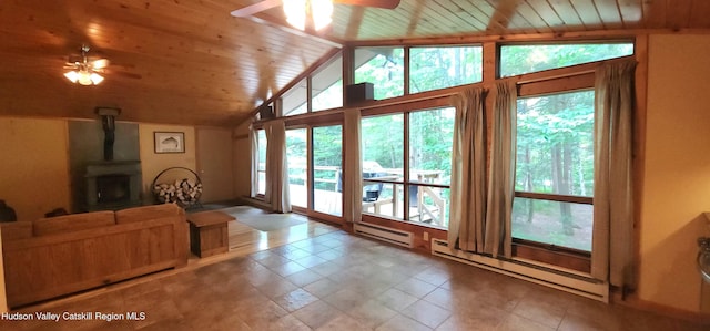 69 June Lodge Dr, Hunter, NY 12442 - living room with ceiling fan, a baseboard radiator, a wood stove, vaulted ceiling, and wood ceiling