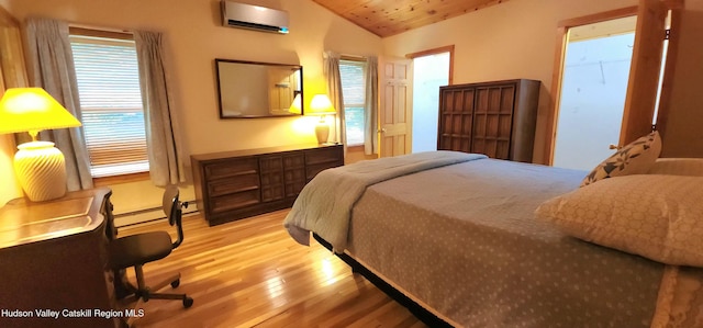 69 June Lodge Dr, Hunter, NY 12442 - bedroom featuring a wall mounted AC, wood finished floors, lofted ceiling, a baseboard radiator, and wood ceiling