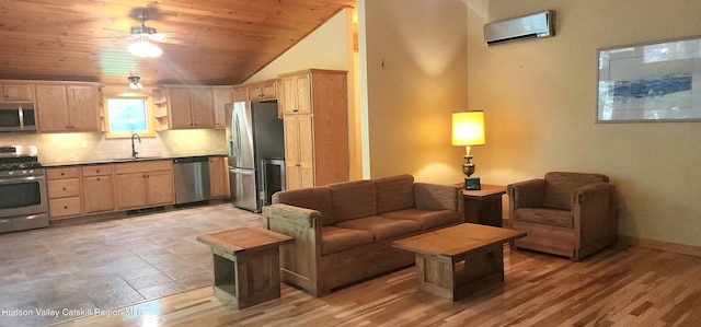 69 June Lodge Dr, Hunter, NY 12442 - living room with a wall mounted AC, vaulted ceiling, ceiling fan, wooden ceiling, and light wood finished floors
