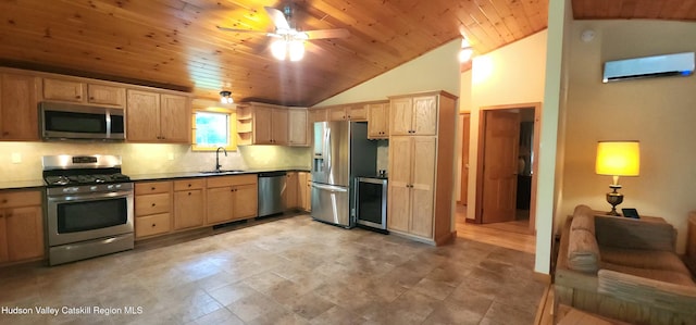 69 June Lodge Dr, Hunter, NY 12442 - kitchen featuring stainless steel appliances, wood ceiling, a wall unit AC, light brown cabinets, and lofted ceiling