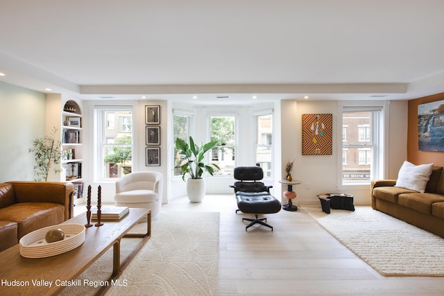 living room with built in shelves, a healthy amount of sunlight, and light wood-type flooring