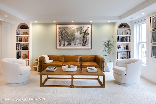 living room with built in shelves