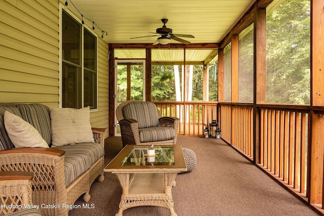 214 Wright Rd, Kerhonkson, NY 12446 - sunroom featuring a ceiling fan and an outdoor living space