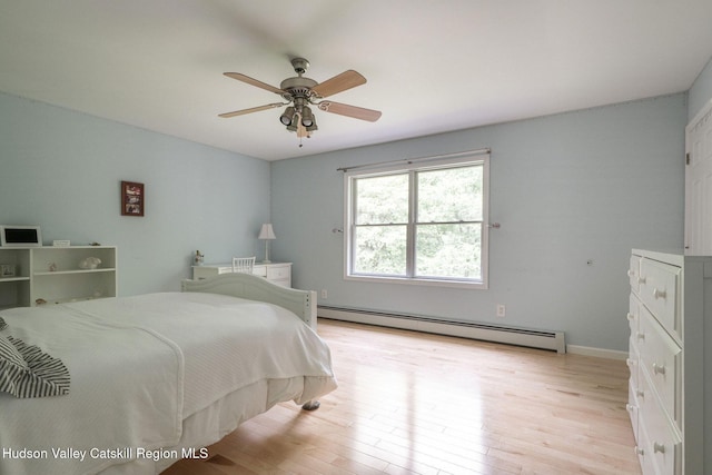 214 Wright Rd, Kerhonkson, NY 12446 - bedroom featuring a baseboard radiator, light wood-style flooring, and a ceiling fan