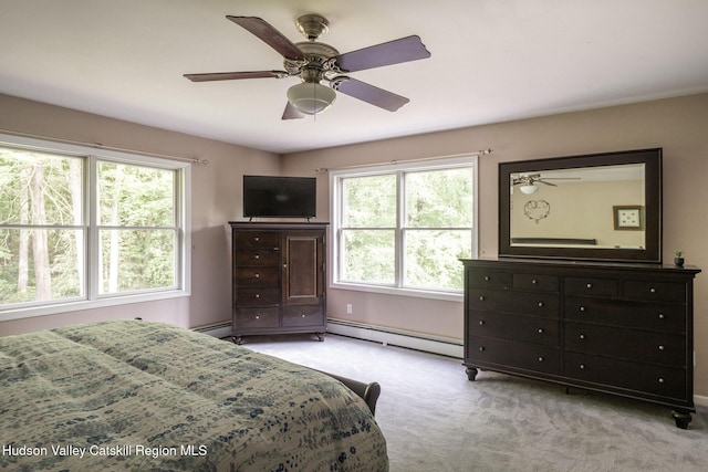 214 Wright Rd, Kerhonkson, NY 12446 - carpeted bedroom featuring baseboard heating, multiple windows, and a ceiling fan