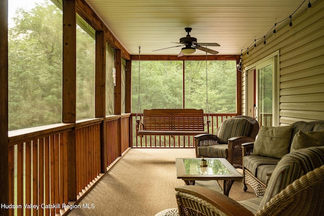 214 Wright Rd, Kerhonkson, NY 12446 - sunroom featuring a ceiling fan, an outdoor hangout area, and track lighting