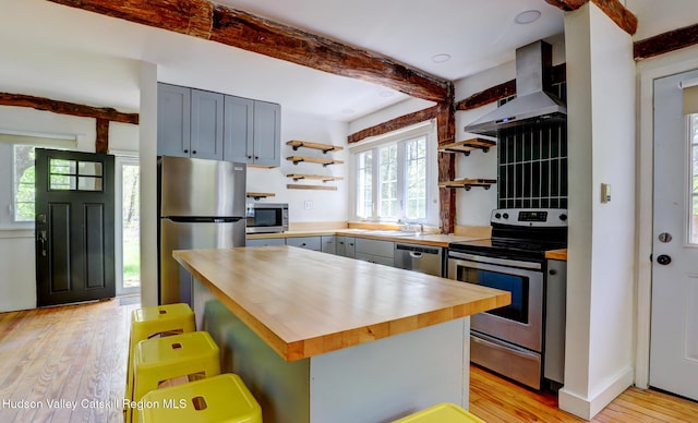 kitchen with beamed ceiling, stainless steel appliances, wood counters, and open shelves