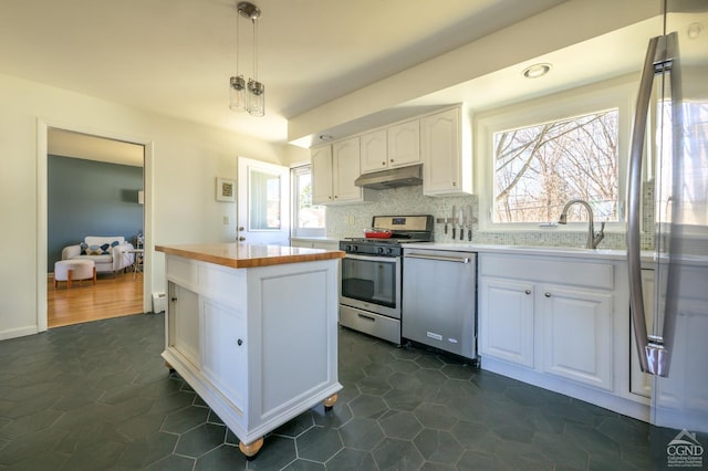 25 Joslen Pl, Hudson, NY 12534 - kitchen featuring appliances with stainless steel finishes, under cabinet range hood, white cabinetry, backsplash, and a sink