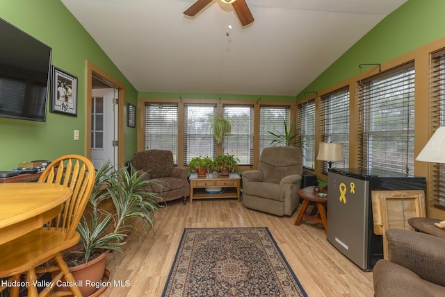 living room featuring ceiling fan, plenty of natural light, light wood-type flooring, and vaulted ceiling