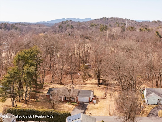 birds eye view of property with a mountain view and a forest view