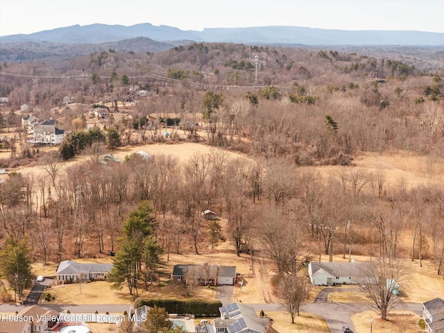 bird's eye view with a wooded view and a mountain view