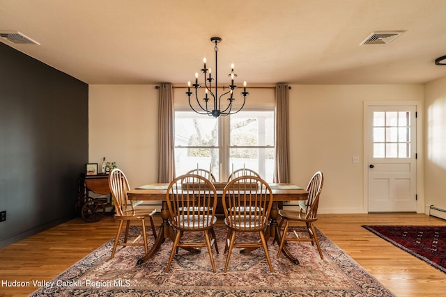 dining space featuring a wealth of natural light, visible vents, an inviting chandelier, and wood finished floors