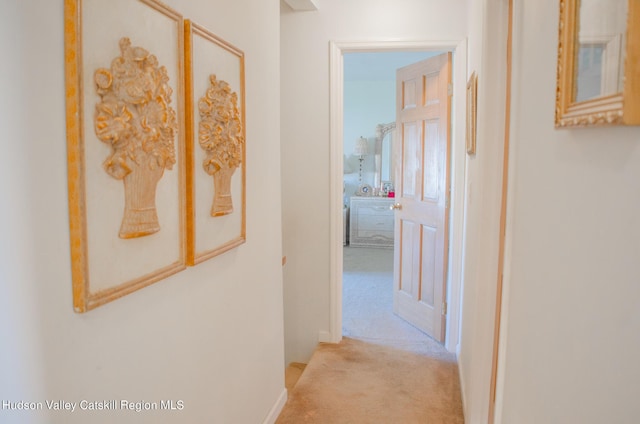 corridor featuring light colored carpet