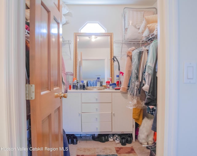 walk in closet with carpet