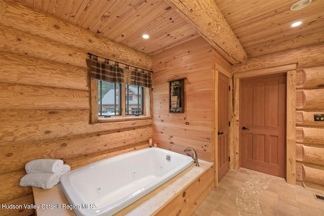 bathroom featuring log walls, a tub to relax in, and wooden ceiling