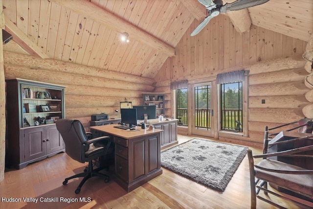 office space featuring wooden ceiling, high vaulted ceiling, ceiling fan, light wood-type flooring, and beamed ceiling