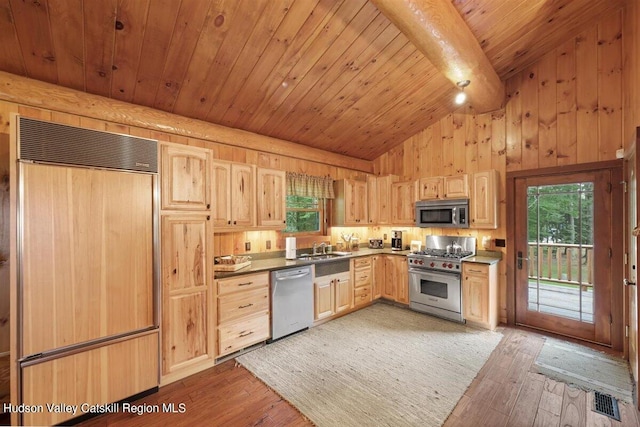 kitchen featuring premium appliances, a healthy amount of sunlight, dark wood-type flooring, and light brown cabinetry