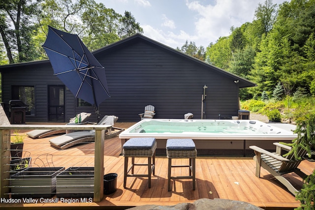46 Rose Ln, Woodstock, NY 12409 - wooden terrace featuring an outdoor hot tub