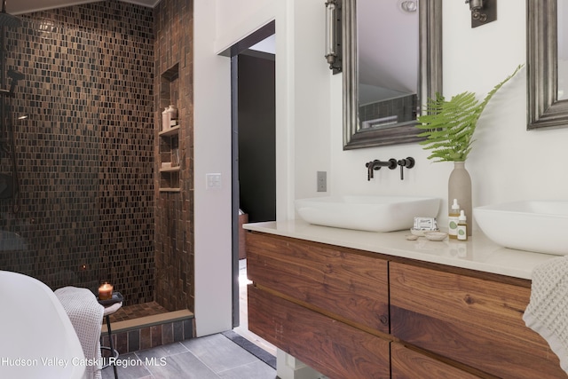 46 Rose Ln, Woodstock, NY 12409 - bathroom with vanity and a tile shower