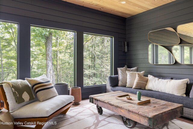 46 Rose Ln, Woodstock, NY 12409 - living area featuring wood ceiling, plenty of natural light, wood walls, and wood finished floors