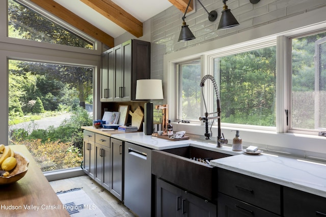 46 Rose Ln, Woodstock, NY 12409 - kitchen featuring dishwasher, light stone counters, and plenty of natural light