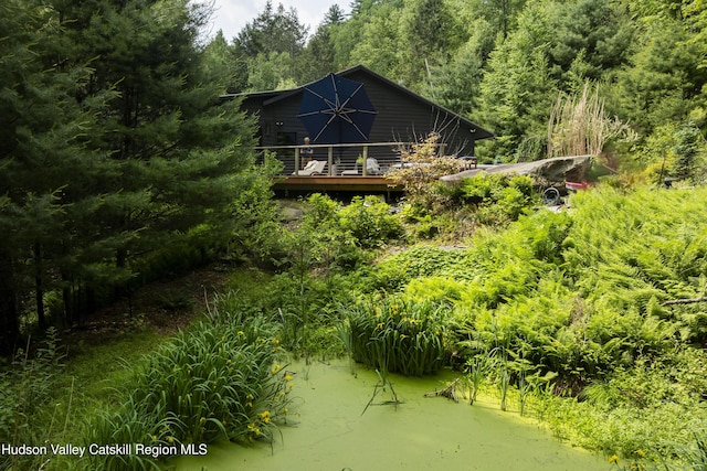 46 Rose Ln, Woodstock, NY 12409 - back of property with a wooden deck and a forest view