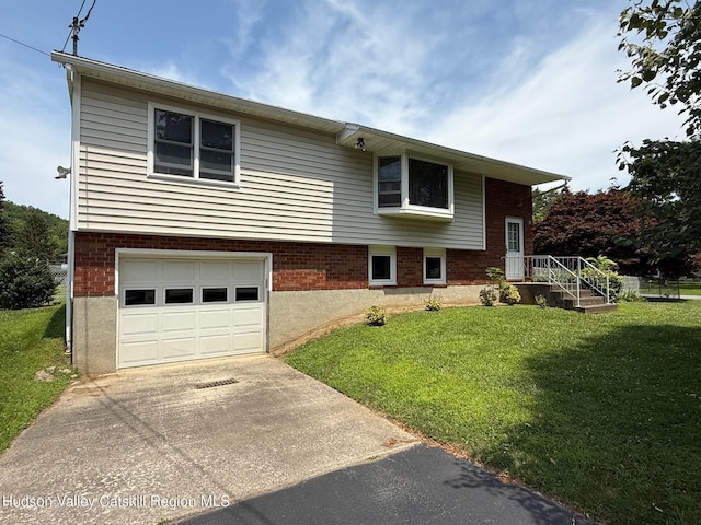 39 Maple Ln, Dover Plains, NY 12522 - view of front of home featuring a garage, driveway, a front yard, and brick siding