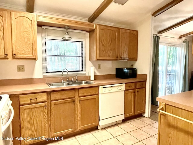 7 Dixon Ave, Woodstock, NY 12498 - kitchen with white dishwasher, stove, light tile patterned floors, black microwave, and light countertops
