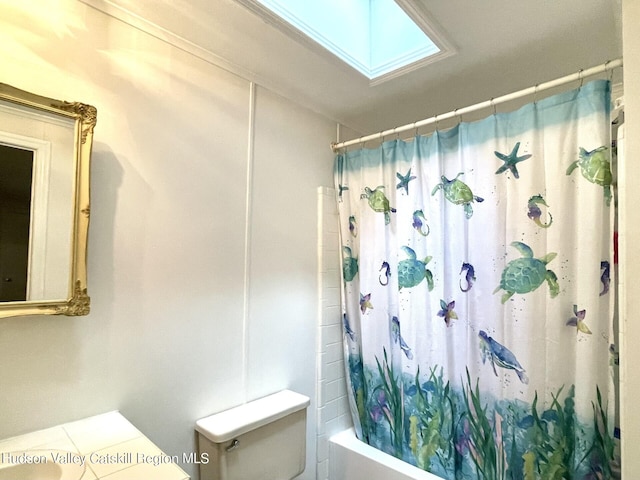 7 Dixon Ave, Woodstock, NY 12498 - bathroom with shower / bath combo with shower curtain and a skylight