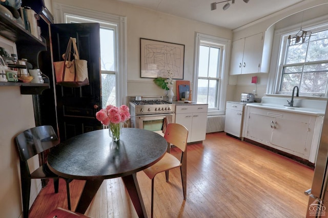 kitchen featuring radiator heating unit, light countertops, light wood-style floors, and white cabinets