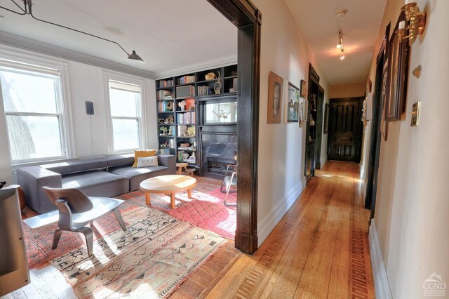 corridor with light wood-type flooring, baseboards, and track lighting