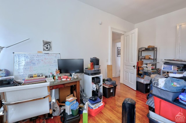 home office with wood finished floors