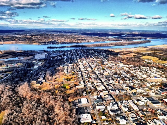 aerial view of residential area with a large body of water
