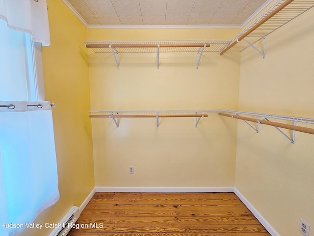 walk in closet featuring hardwood / wood-style floors and a baseboard radiator