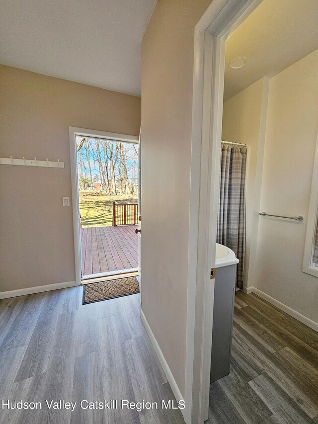 interior space with dark wood-type flooring