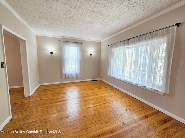 empty room featuring light hardwood / wood-style floors, a wealth of natural light, and crown molding