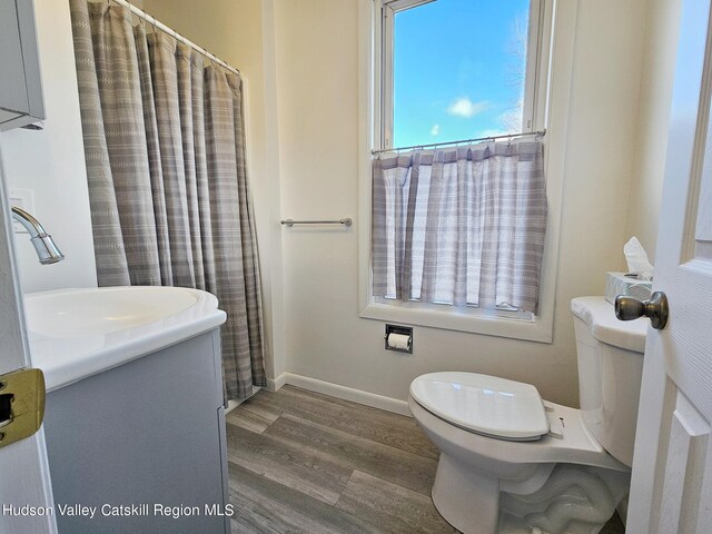 bathroom featuring hardwood / wood-style floors, vanity, and toilet