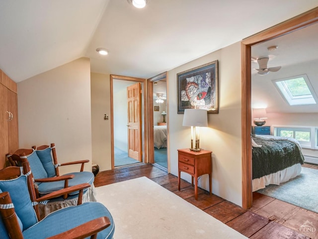 161 Beaver Hill Rd, Gilboa, NY 12076 - living area featuring a skylight, wood-type flooring, lofted ceiling, and a ceiling fan