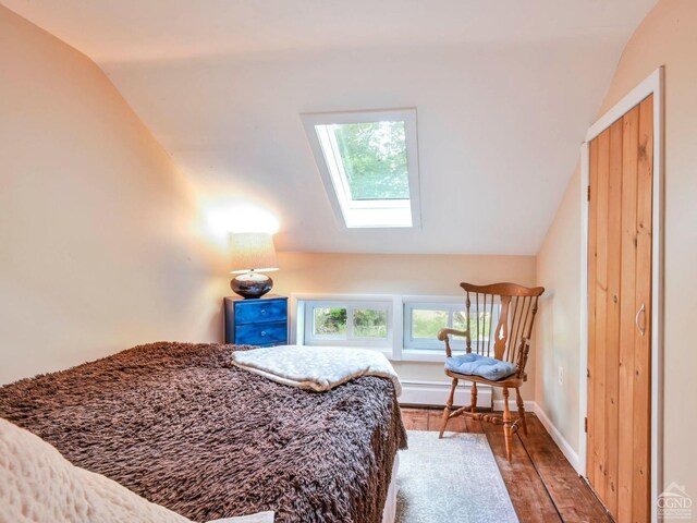 161 Beaver Hill Rd, Gilboa, NY 12076 - bedroom featuring a skylight, vaulted ceiling, a baseboard radiator, wood-type flooring, and baseboards