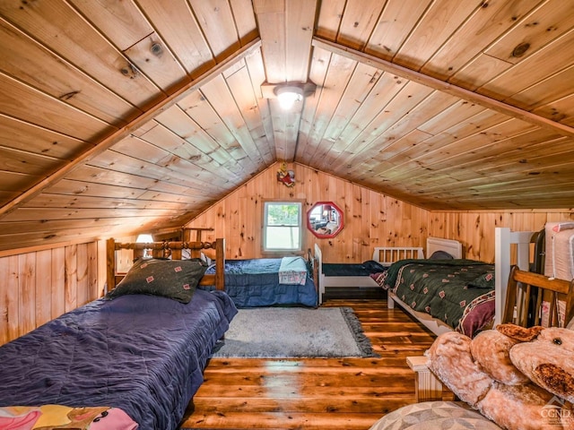161 Beaver Hill Rd, Gilboa, NY 12076 - bedroom with hardwood / wood-style flooring, wood ceiling, lofted ceiling, and wooden walls